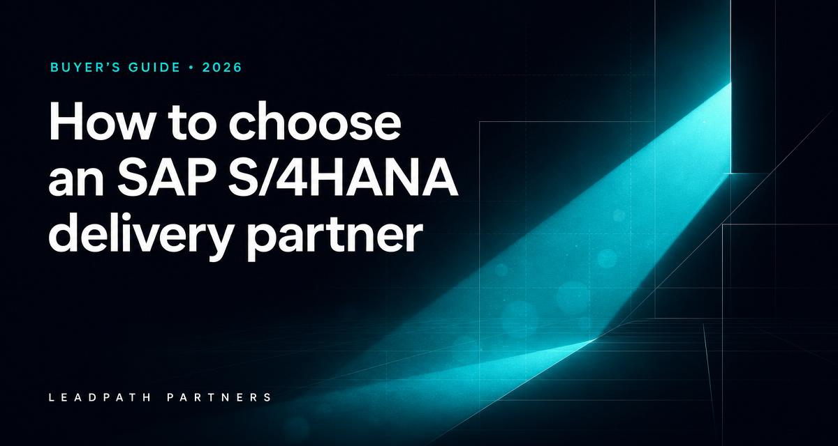 A single warm teal beam of light cutting across dark architectural panels, representing a clear buyer-side view of SAP S/4HANA partner selection.