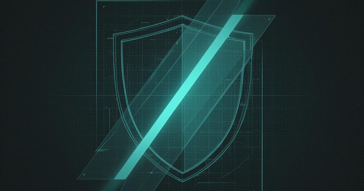 Translucent shield silhouette cut by a single teal light beam on a deep slate background, representing a focused cybersecurity outbound programme