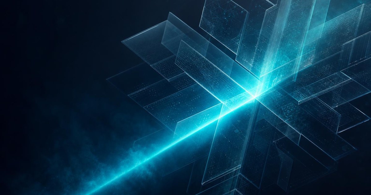 Translucent crystalline panels cut by a single teal light beam on a deep slate background, representing a focused Snowflake partner outbound programme